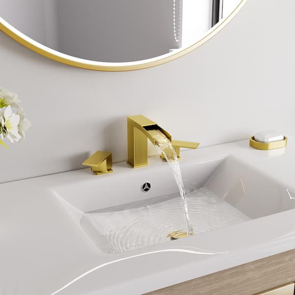 Brushed Gold Waterfall 2 Handles Widespread Bathroom Faucet 8 in. for Sink 3 Holes