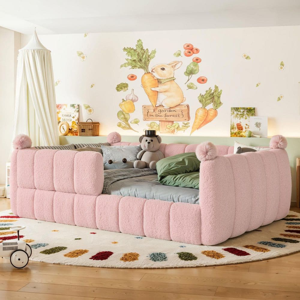 Pink Wood Frame Full Size Upholstered Floor Platform Bed with Full Surround Safety Rails