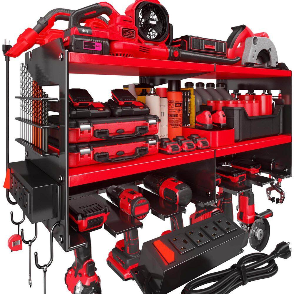 9 in. Black Steel Heavy Duty Power Tool Organizer Wall Rack with 4-Outlet Power Strip for Garage Storage price history on PriceWatchPro