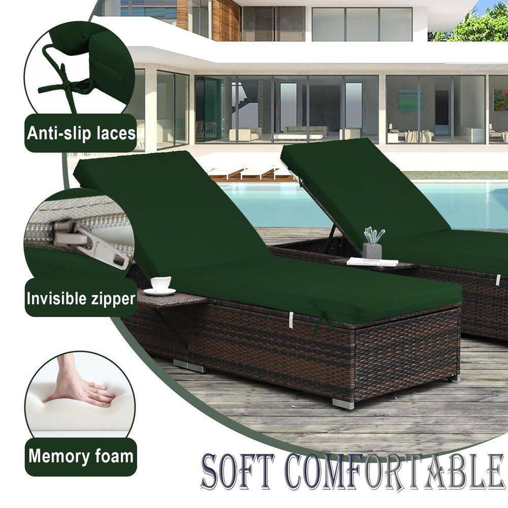 Detail shots of chaise lounge cushion features like laces and zippers.