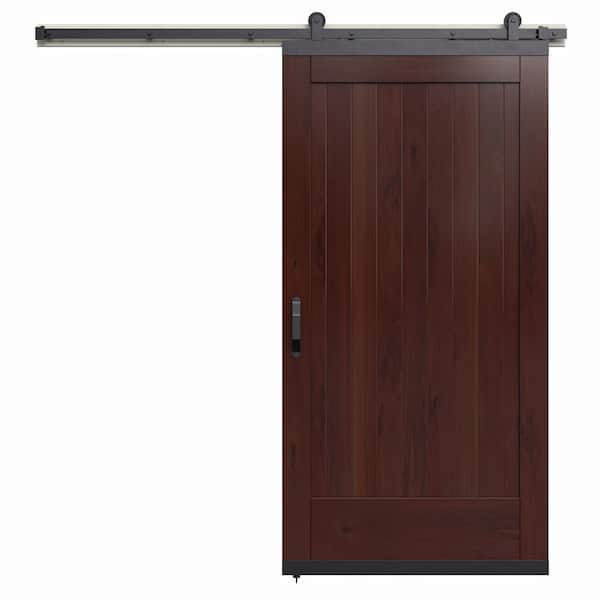 JELD-WEN 36 in. x 80 in. Karona 1 Panel Spice Stained Rustic Walnut Wood Sliding Barn Door with Hardware Kit