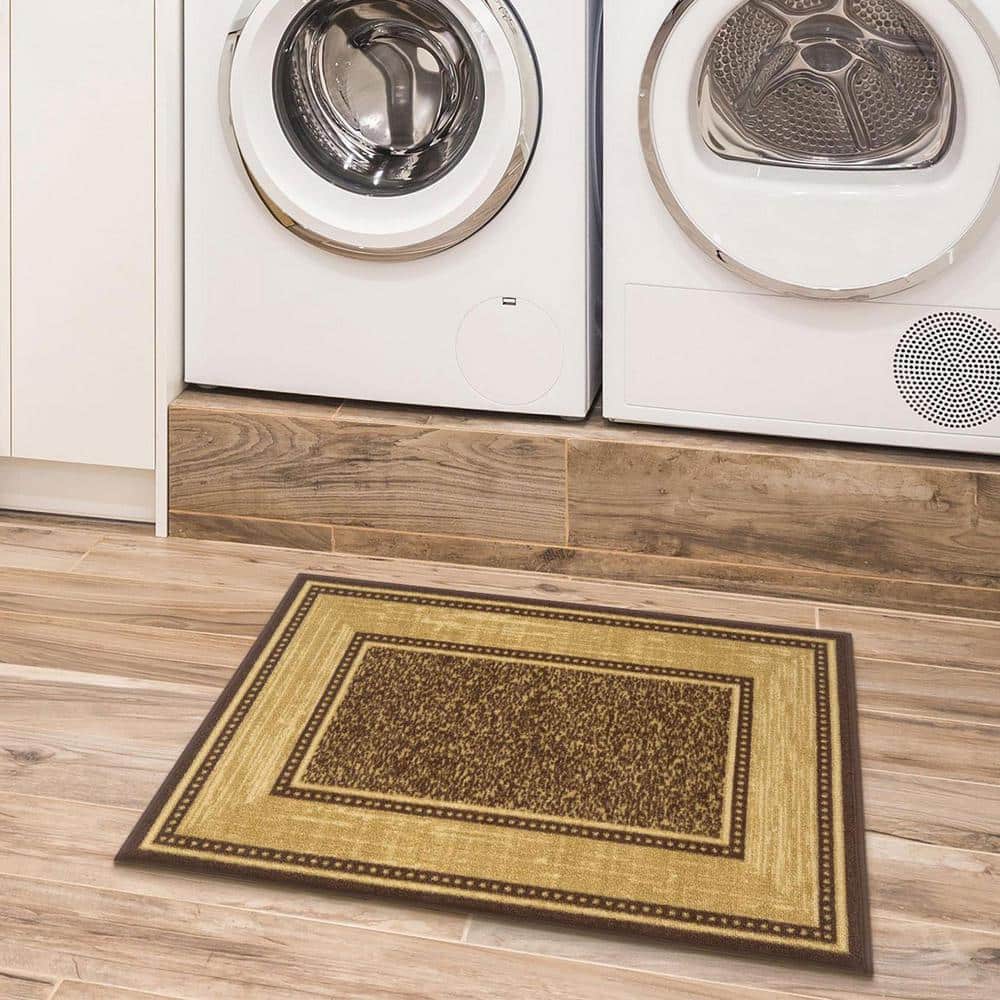 Machine Washable Non-Slip Brown and Beige Synthetic Area Rug