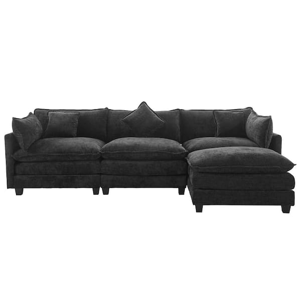 112.2 in Wide Square Arm Chenille L-Shaped Modern Upholstered Sofa in Black