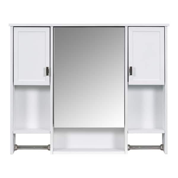 6.70 in. W x 35 in. D x 28.70 in. H Bathroom Storage Wall Cabinet in White with Mirror Doors and Towels Bar