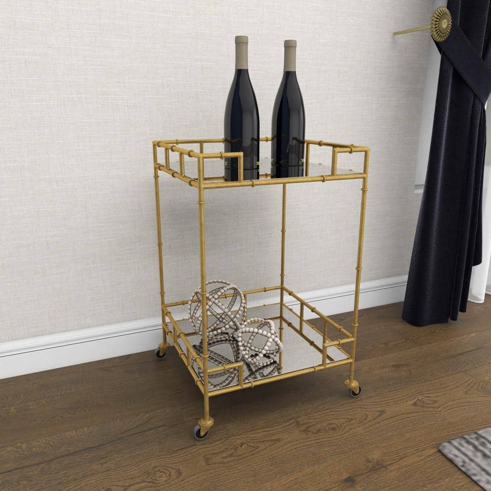 Gold Square Metal Bar Cart with Mirrored Shelves