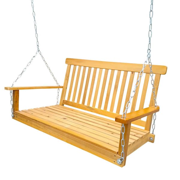 Angel Sar 2-Person Wood Bench Porch Swing with Hanging Chains and Armrests, Teak