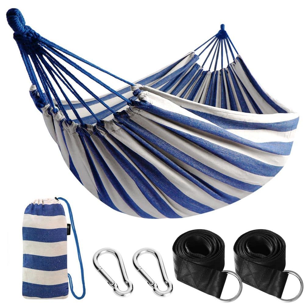 9 ft. Cotton Hammock Portable Camping Hammocks, Hanging Sturdy Garden Comfortable Fabric Hammock in Blue and White price history on PriceWatchPro
