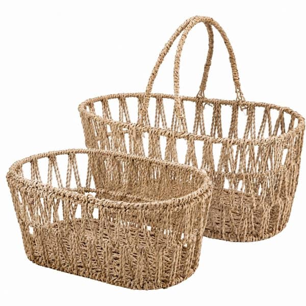 Natural Seagrass 2 Piece Nesting Wicker Picnic Basket Set with Dual Foldable Handles for Outdoor Use