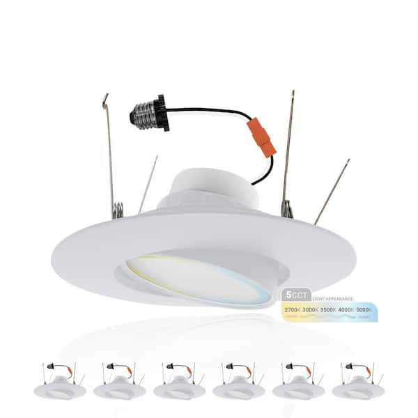 6 in. LED White Adjustable Retrofit Recessed Housing 5 CCT 2700K-5000K IC Rated Remodel Dimmable E26 Connector (6-Pack)