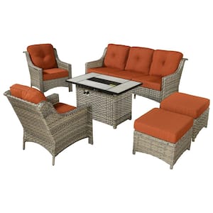 Tulip C Gray 6-Piece Wicker Patio Rectangular Fire Pit Conversation Sofa Set with Orange Red Cushions