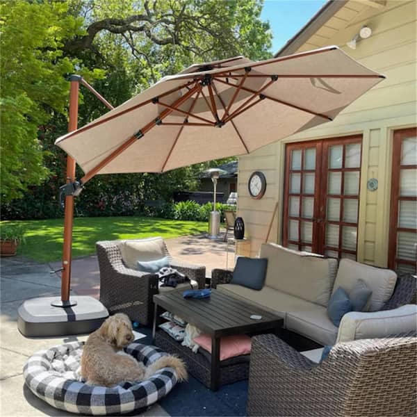 PURPLE LEAF 11 ft. Sunbrella Aluminum Octagon 360° Rotation Wood Pattern Cantilever Outdoor Patio Umbrella With Wheels Base, Beige