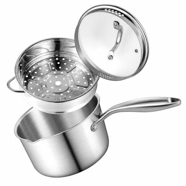 3-Piece 3.5 qt. Stainless Steel Tri-ply Full Body Sauce Pan with Steamer Basket and 2-Size Drainage Holes Lid