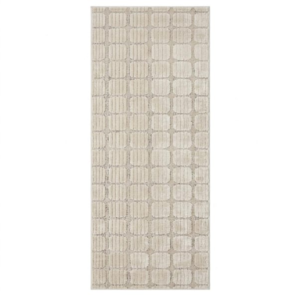 Seranova Checkered Washable Indoor Runner Rug 2' x 8' Beige Modern Runner Rug, Stain-Resistant Carpet