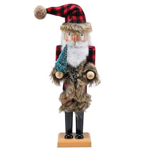 15 in. Wooden Nostalgic Santa Nutcracker-Red and Black Nutcracker with Plaid Coat and Brown Fur Holding a Xmas Tree