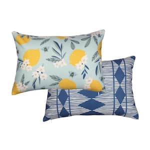 Reversible Summer Pillow Cover - Lemon and Floral Design/Blue and White Pattern