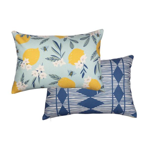 Stratton Home Decor Reversible Summer Pillow Cover - Lemon and Floral Design/Blue and White Pattern