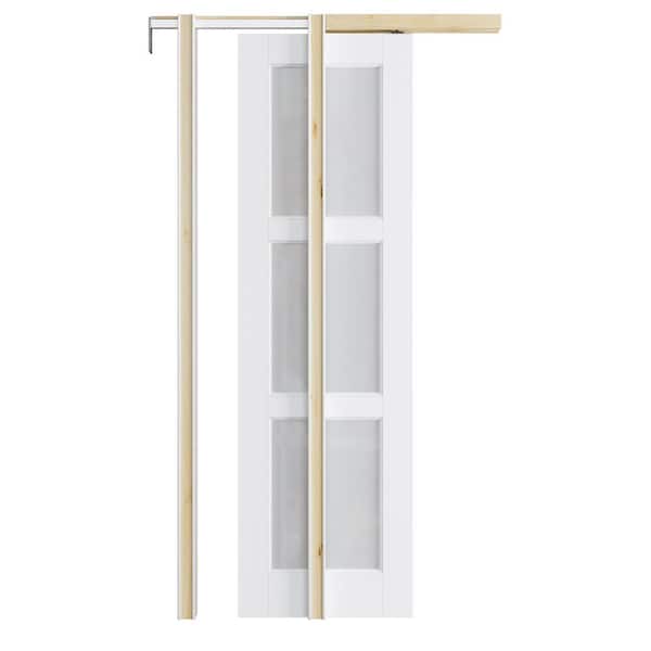 ARK DESIGN 24 in. x 80 in. 3-Lite Frosted Glass Primed Door with Solid Core Pine Pocket Door Frame and Hardware Kit