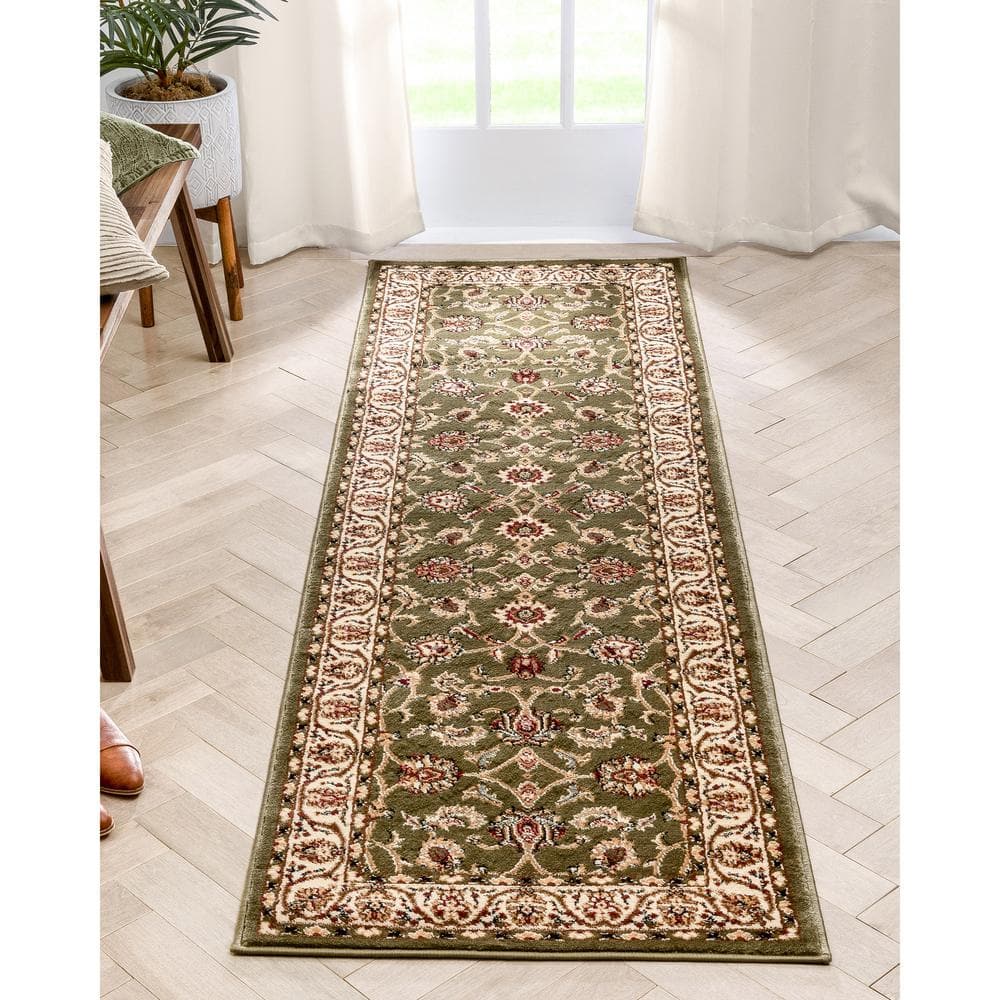 Green and Ivory Synthetic Traditional Runner Rug