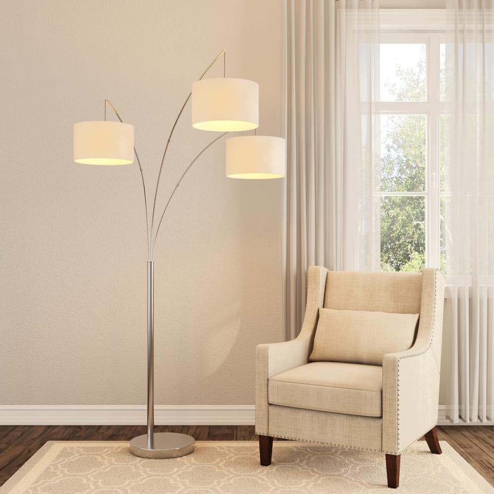 Trinity Brushed Steel 74'' Adjustable Arc Floor Lamp with White Shades