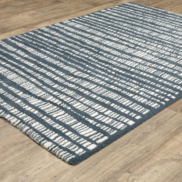 Gale Blue/Ivory 10 ft. x 13 ft. Distressed Geometric Dashed Stripe Polyester Indoor Area Rug