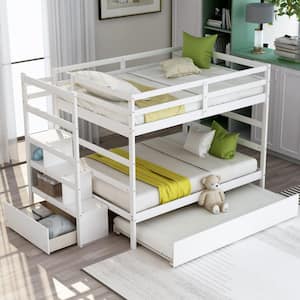 Full Over Full White Wood Bunk Bed with Trundle, Detachable Full Bunk bed Frame with Drawers and Storage Shelves