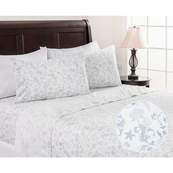 3-Piece Elegant Floral Blue Pattern Print Microfiber Bedsheets Set, Twin