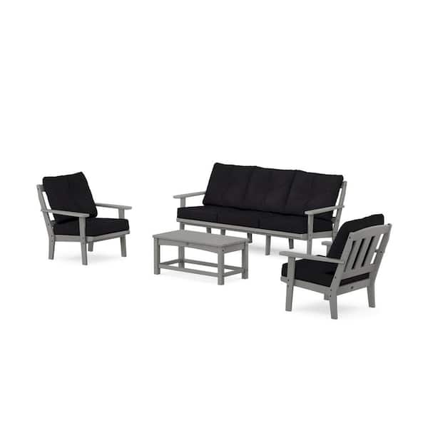 Trex Outdoor Furniture Cape Cod 4-Piece Plastic Patio Conversation Set with Sofa in Stepping Stone/Midnight Linen Cushions