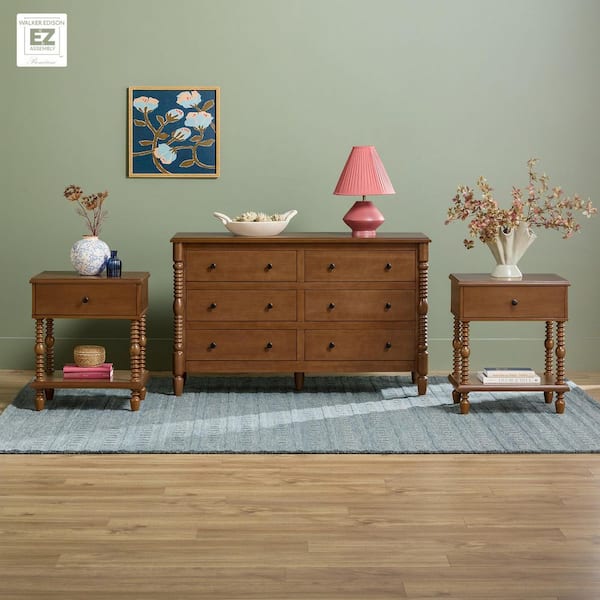 Modern Farmhouse Easy Assembly 3-piece Solid Wood Dark Brown 1-drawer Nightstands and 6-drawer Dresser Set