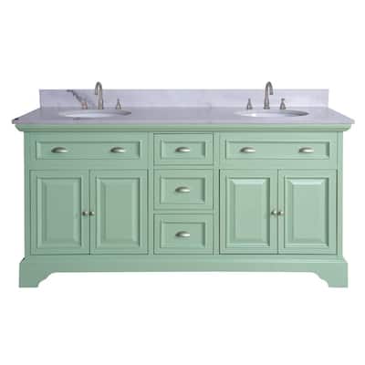 Sadie 67 in. W x 21.5 in. D Vanity in Antique Light Cyan with Marble Vanity Top in Natural White with White Sinks