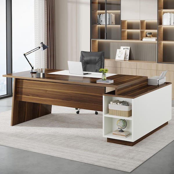 Halseey 70 in. L-Shaped Walnut and White Wood Executive Office Desk Large Computer Desk with Storage, Shelves, Cabinet