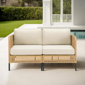 Nyajiah 2-Piece Yellow Wicker Outdoor Sectional Sofa with Beige Cushions, Armrest Chair