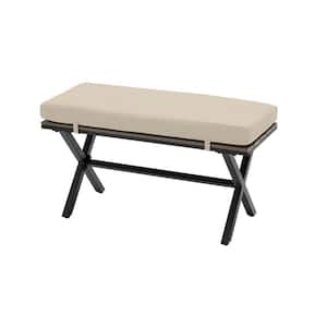Laguna Point Brown Steel Wood Top Outdoor Patio Bench with CushionGuard Putty Tan Cushions