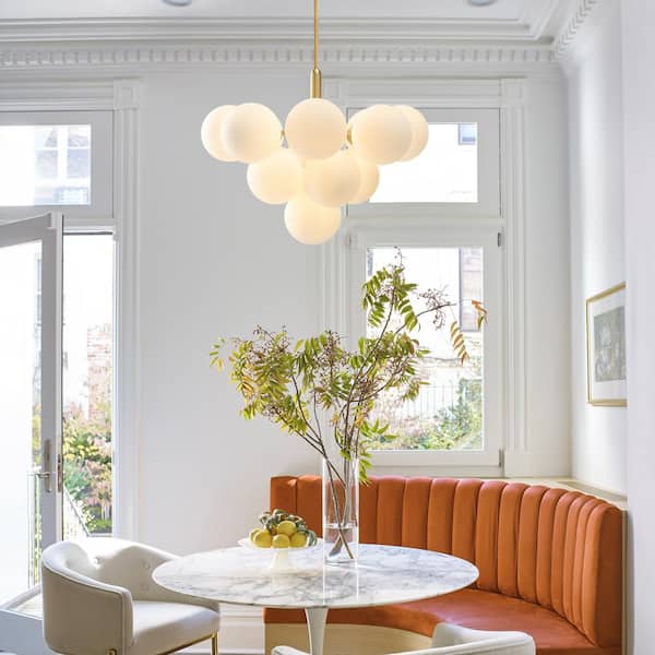 Kateo Modern 13-Light Gold Tiered Chandelier with Opal Glass Globe Shades