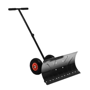 15.75 in. Rubber Angle-Adjustable Handle Steel Snow Shovel Rolling Pusher with Wheels, Black