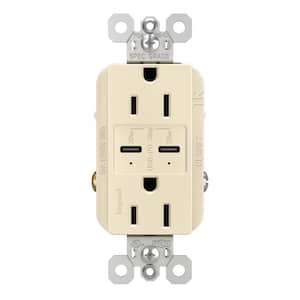 radiant 15 Amp 125-Volt Tamper-Resistant Duplex Outlet with Ultra-Fast 6A PLUS 30W Power Delivery USB C/C, Light Almond