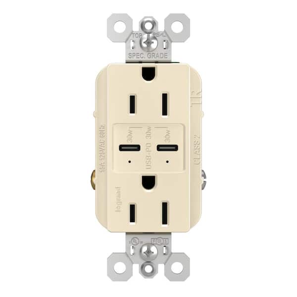 Legrand radiant 15 Amp 125-Volt Tamper-Resistant Duplex Outlet with Ultra-Fast 6A PLUS 30W Power Delivery USB C/C, Light Almond
