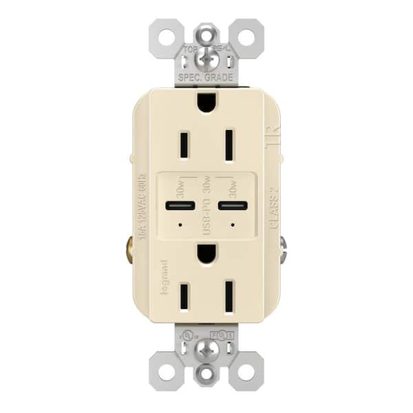 radiant 15 Amp 125-Volt Tamper-Resistant Duplex Outlet with Ultra-Fast 6A PLUS 30W Power Delivery USB C/C, Light Almond