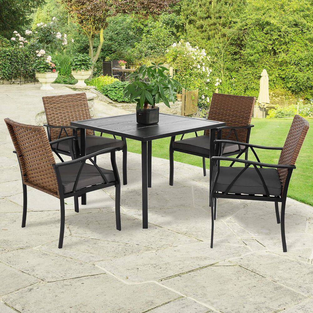 5-Piece Steel and Wicker Outdoor Dining Set 4 Chairs with Grey Cushions and 1 Square Table with 1.75 in. Umbrella Hole price history on PriceWatchPro