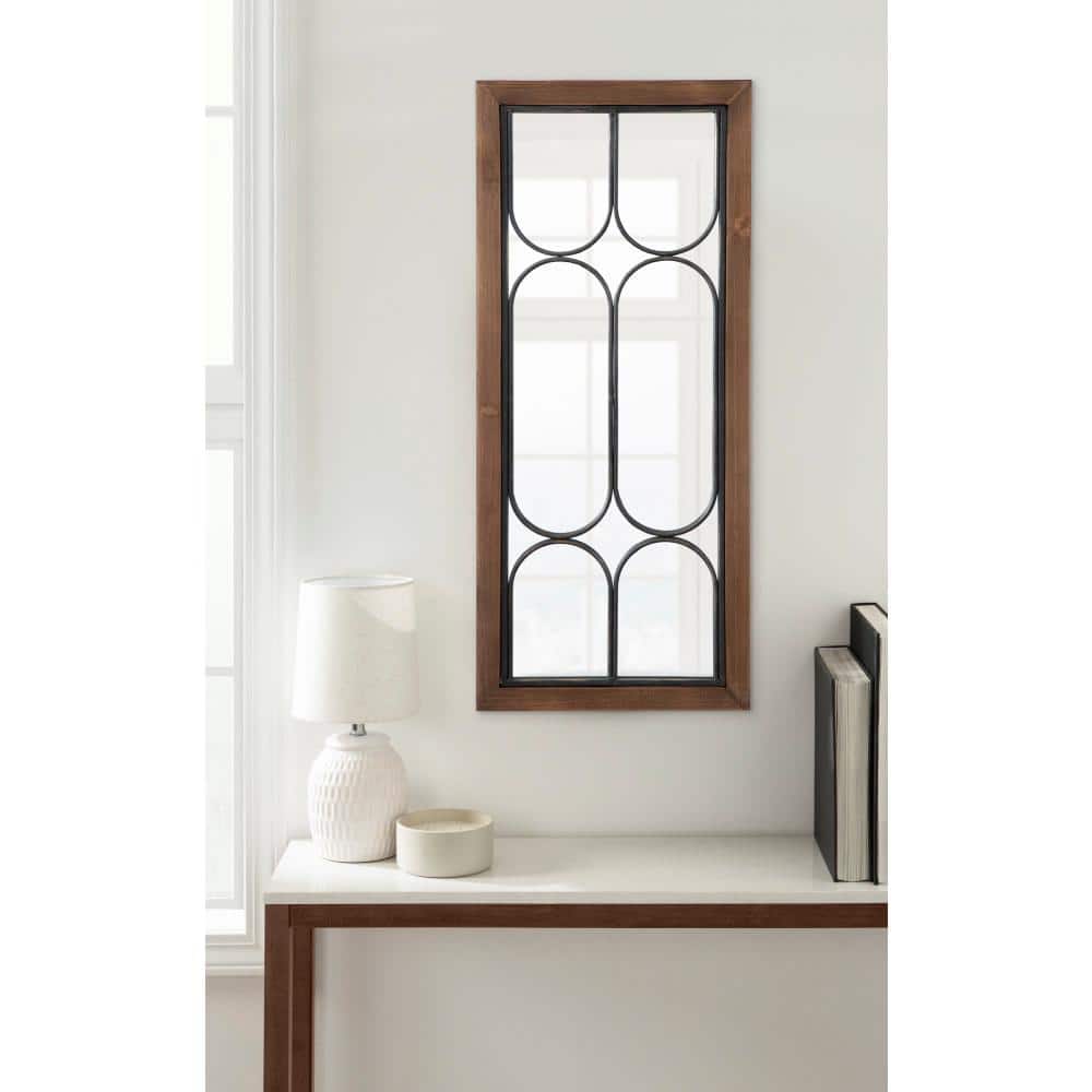 Spechett Walnut Brown Rectangular Wall Mirror with Iron Overlay