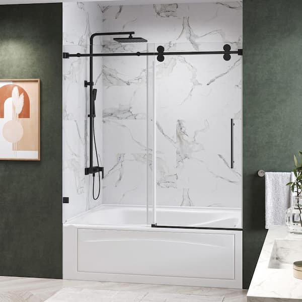 KWRAD 60 in. W x 60 in. H Single Sliding Frameless Tub Door in Matte Black with 3/8 in. Clear Glass