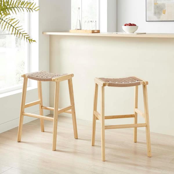 MODWAY Saorise 29.5 in. Natural Natural Backless Wood Bar Stool Counter Stool with Woven Rope 2 (Set of Included)