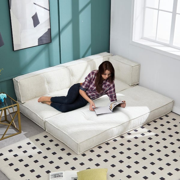 HOMEFUN 78 in. Modern Upholstered Square Arm Chenille Pull Out Rectangle Sofa Convertible Sofa Bed with Side Pockets in Beige