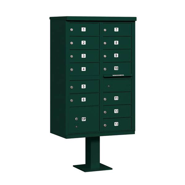 Salsbury Industries Green USPS Access Cluster Box Unit with 13 B Size Doors and Pedestal