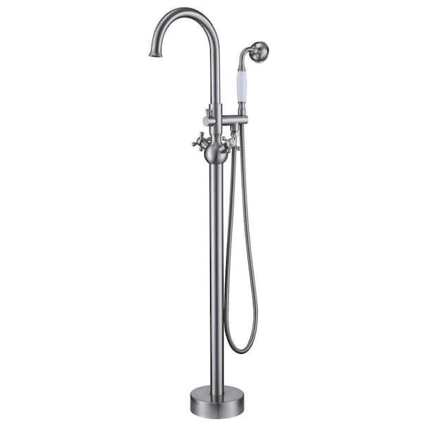 Boyel Living Classic Floor Mount 3-Handle Freestanding Tub Faucet with Hand Shower and Water Supply Hoses in Brushed Nickel