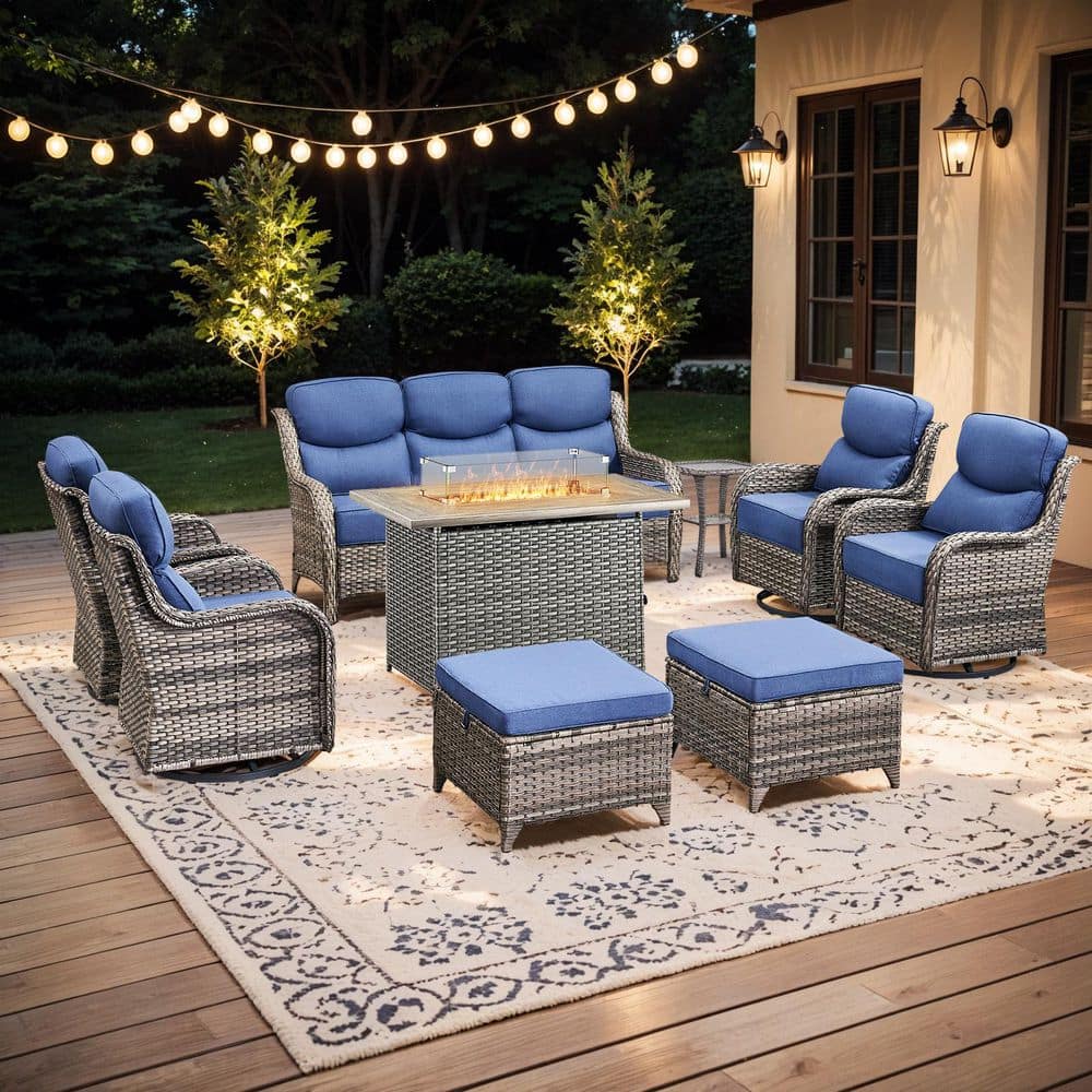 Holion Gray 9-Piece Outdoor Wicker Patio Fire Pit Conversation Set with Blue Cushions and Swivel Rocking Chairs price history on PriceWatchPro