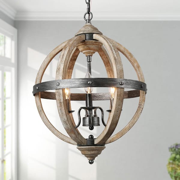 LNC Farmhouse Wood Chandelier Brushed Black 3-Light Rustic Candlestick Globe Cage Island Pendant Chandelier