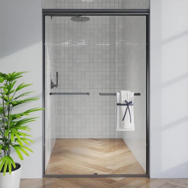 46 in.-48 in. W x 72 in. H Sliding Framed Shower Door in Matte Black with Clear Glass