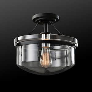 Ella 13 in. 1-Light Matte Black Semi-Flush Mount with Chrome Accents and Clear Glass Shade, Incandescent Bulb Included