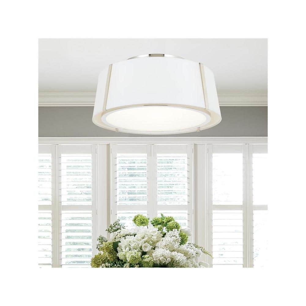 Elegant Polished Nickel 3-Light Drum Ceiling Mount with White Silk Shade