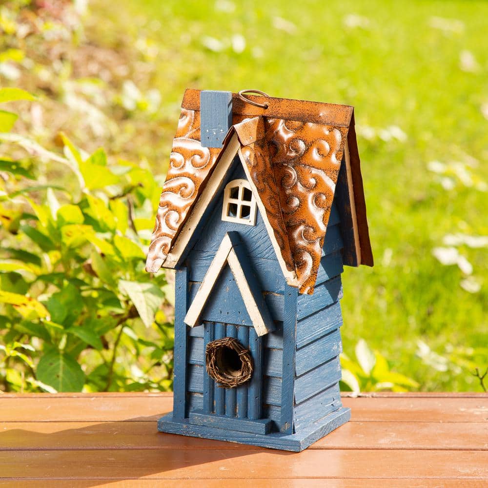 12" Blue Distressed Wood Cottage Birdhouse with Metal Roof
